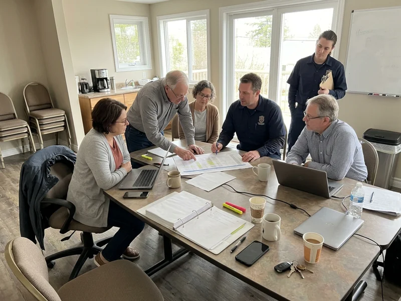 Board members reviewing a floor-by-floor replacement schedule