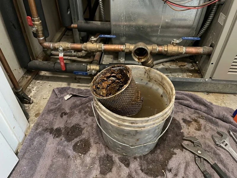 Clogged loop water strainer removed from a heat pump supply line