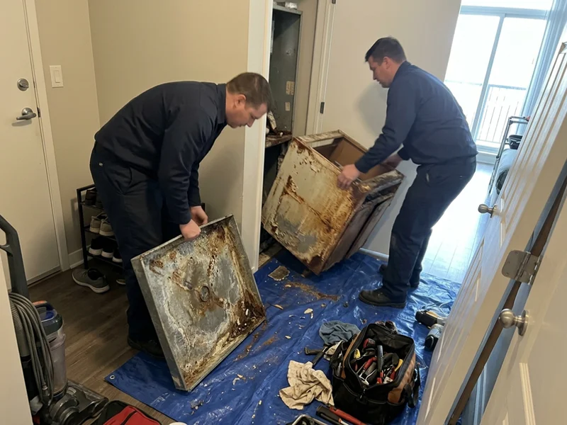 Corroded drain pan from an original fan coil removed in Mimico