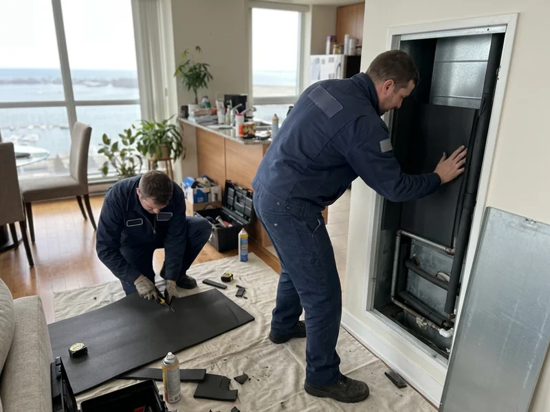 Crew replacing fan coil cabinet insulation in a Harbourfront suite