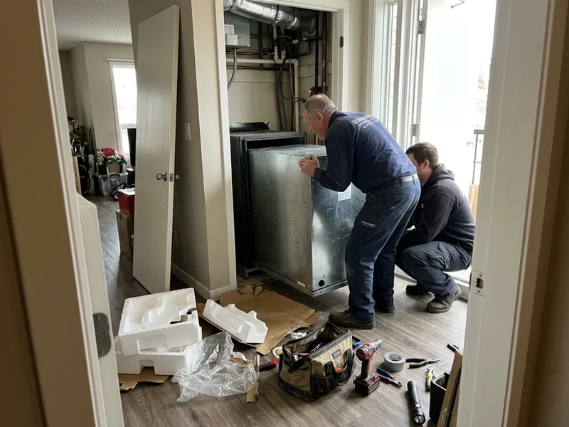 Gas technician setting a new Magic-Pak unit in an Oakville condo