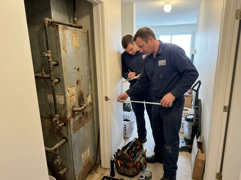 Old McQuay fan coil cabinet being measured for replacement