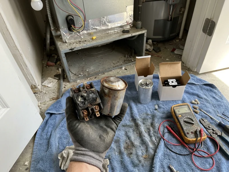 Failed contactor and capacitor next to replacement parts