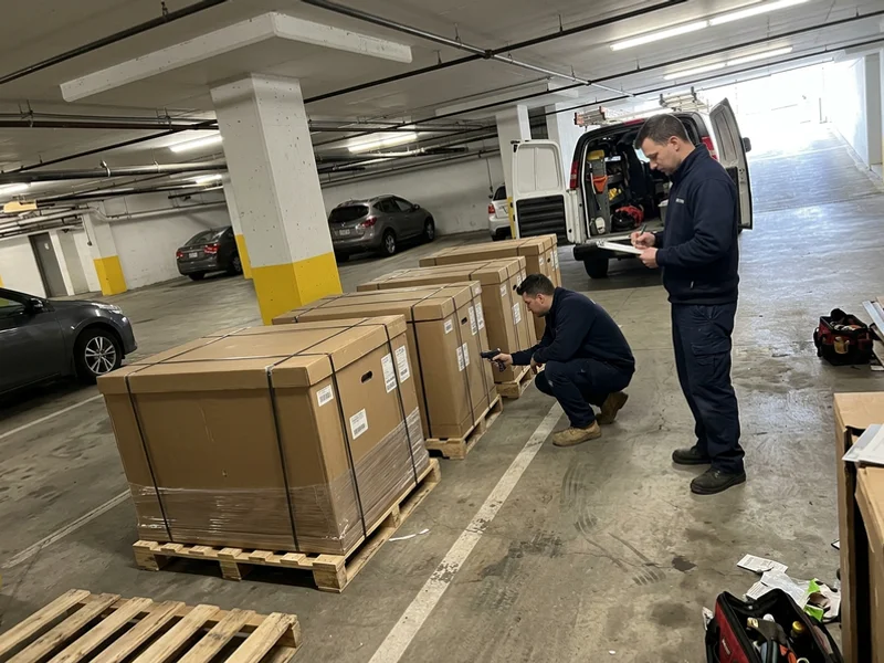 New replacement fan coil units staged in a condo garage