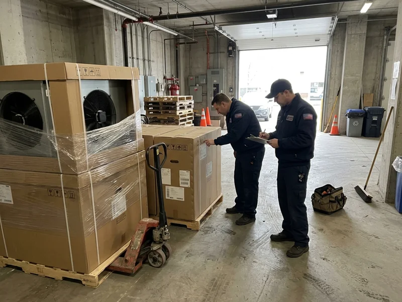 New ECM fan coil units staged in the building loading dock
