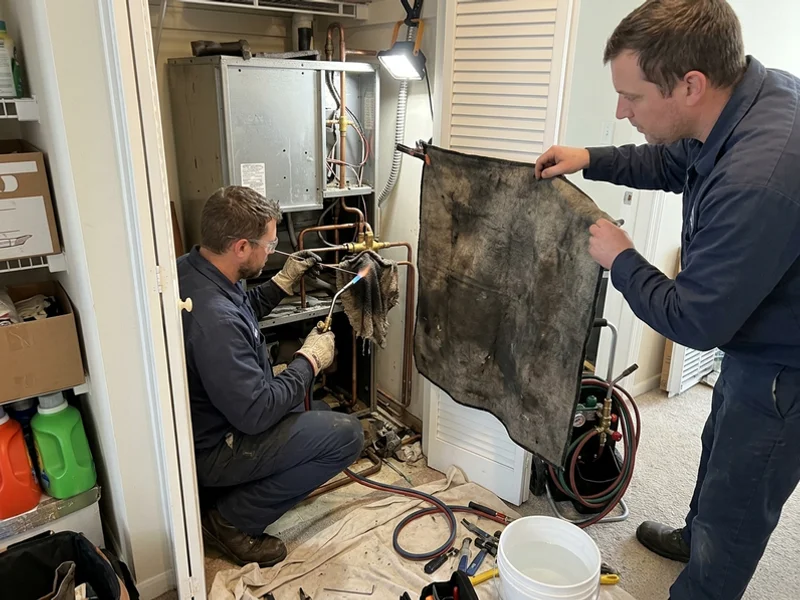 Technician brazing a new reversing valve on a heat pump chassis