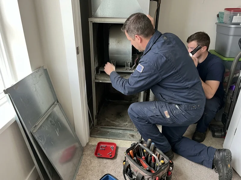 Technician checking blower wheel balance inside a vertical fan coil cabinet
