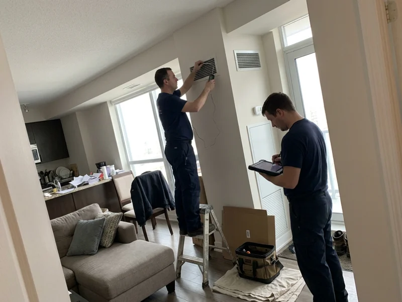 Technicians commissioning a new fan coil and recording readings