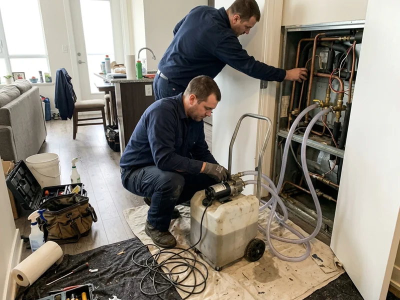 Technician descaling a fan coil with a pump cart