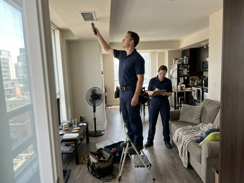 Technician measuring supply air temperature at a condo grille