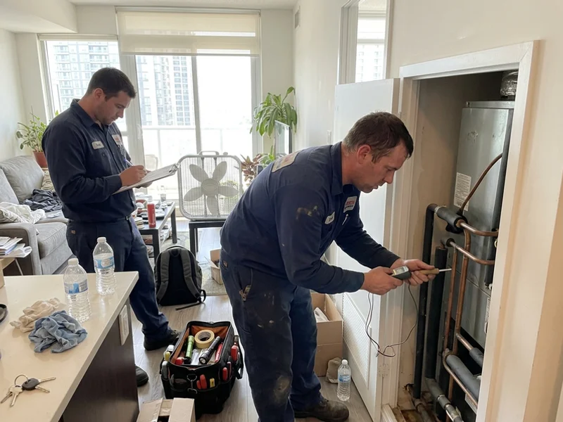 Technician reading supply and return water temperature at a condo fan coil