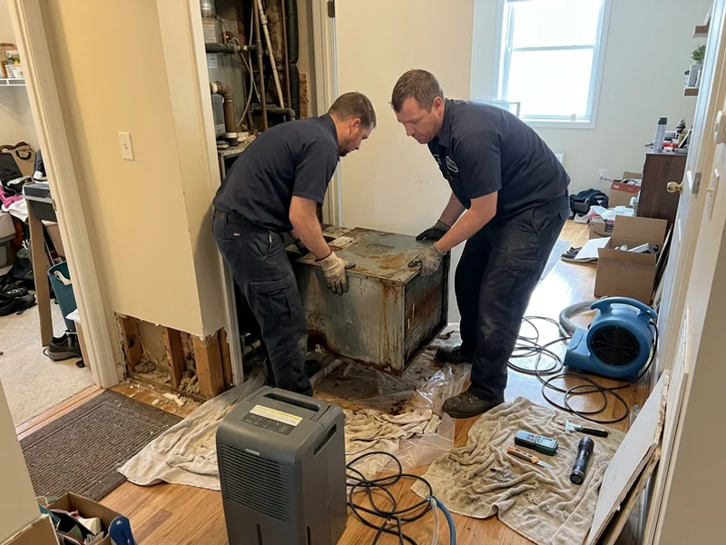 Technicians removing a flood-damaged fan coil for an insurance replacement