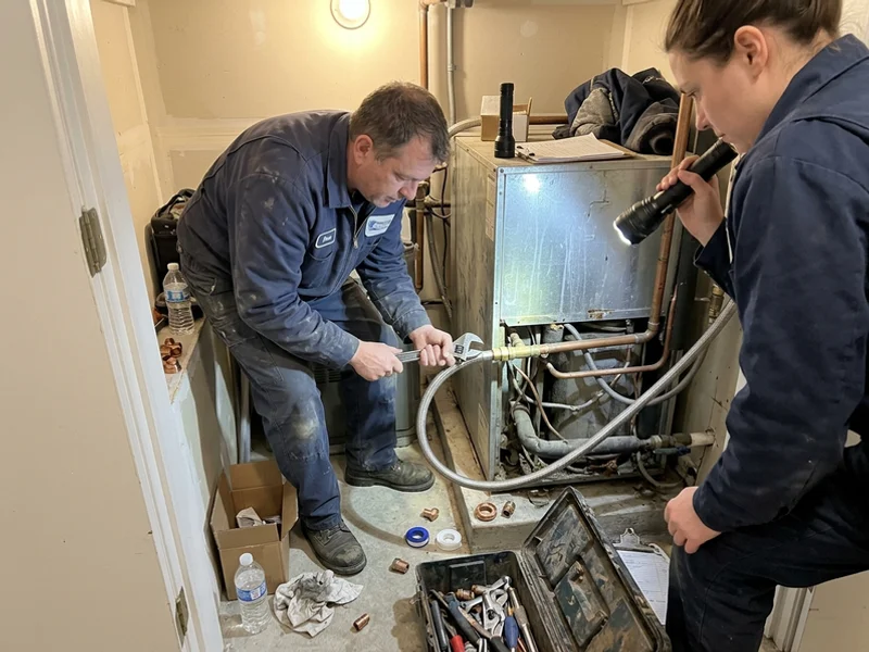 Technicians installing braided stainless heat pump hoses in Willowdale