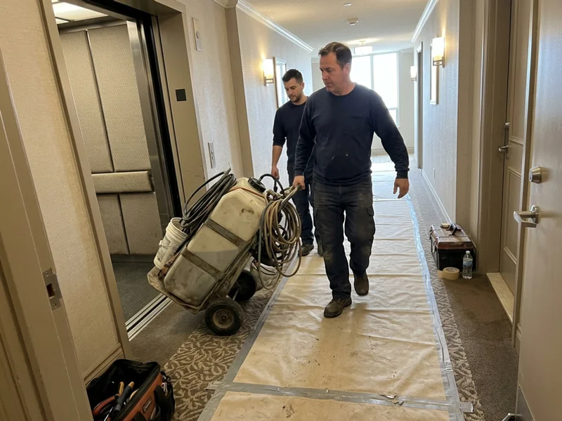Crew moving a descaling cart out of the service elevator in a Yorkville tower