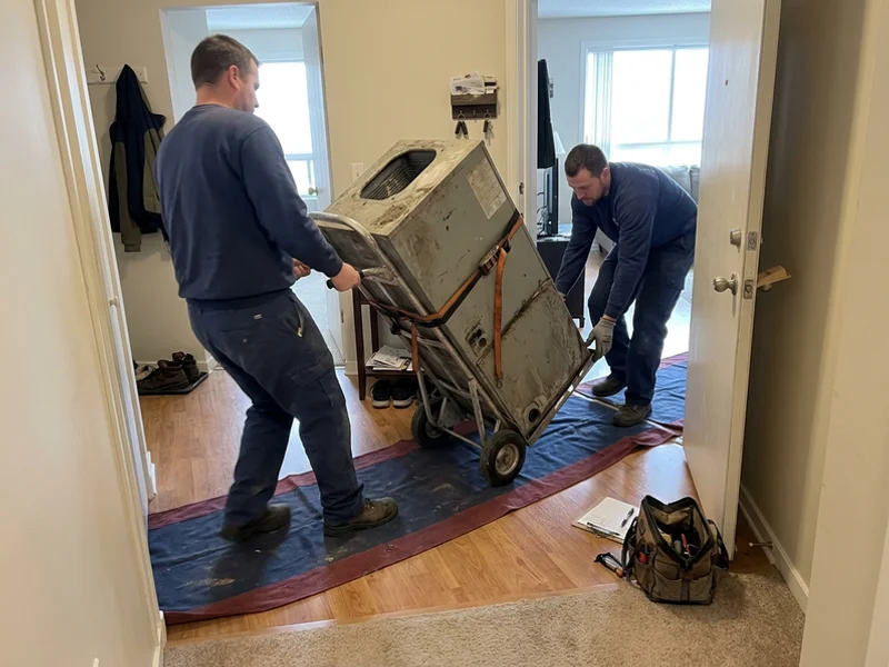 Technicians removing a failed Magic-Pak unit from a condo suite