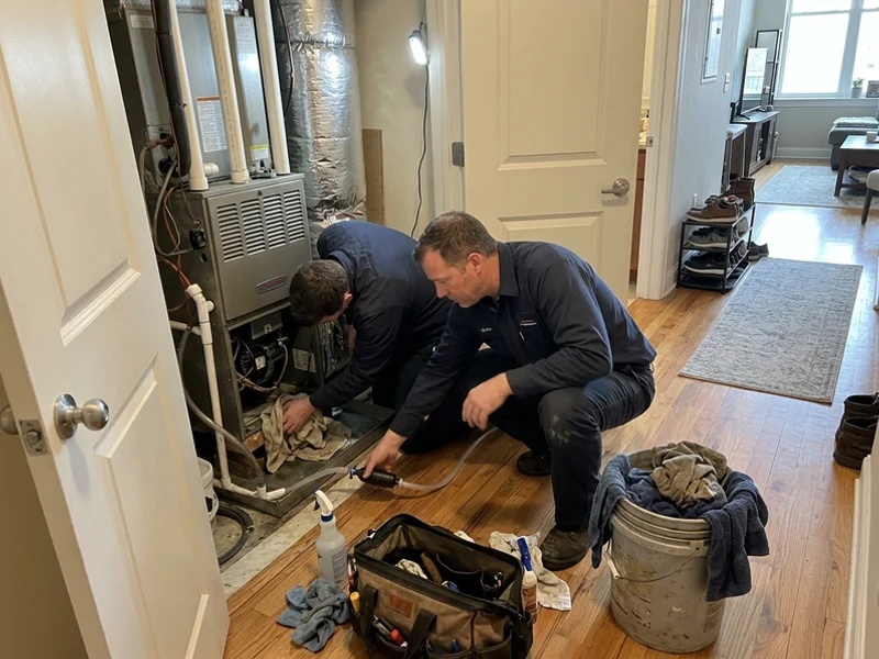 Technicians clearing a condensate line and drying a fan coil drain pan