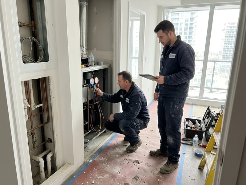 Technicians commissioning heat pumps in a VMC condo tower