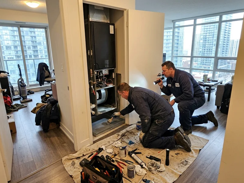 Technicians relining a fan coil drain pan in a CityPlace condo