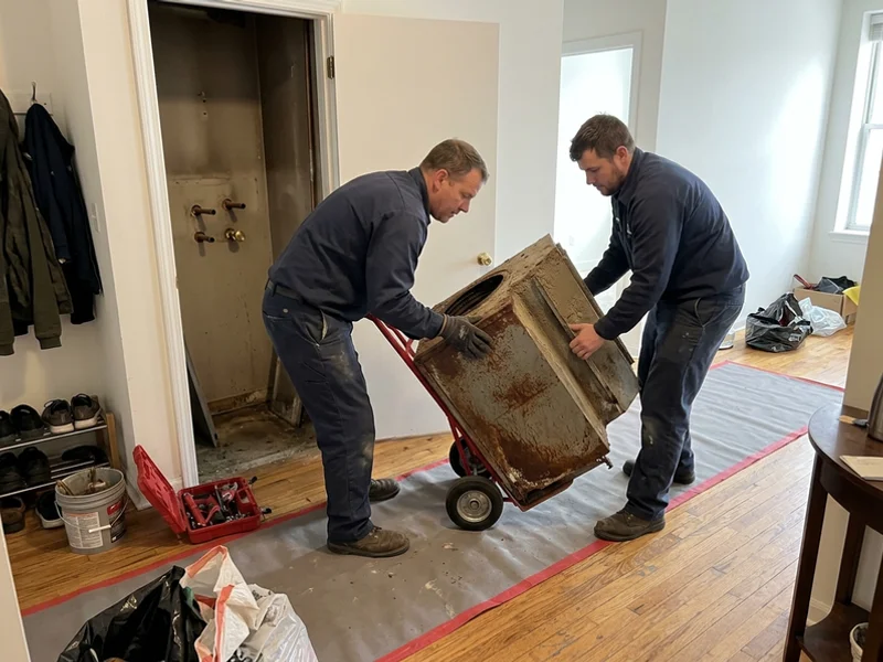 Technicians removing an old fan coil from a condo closet