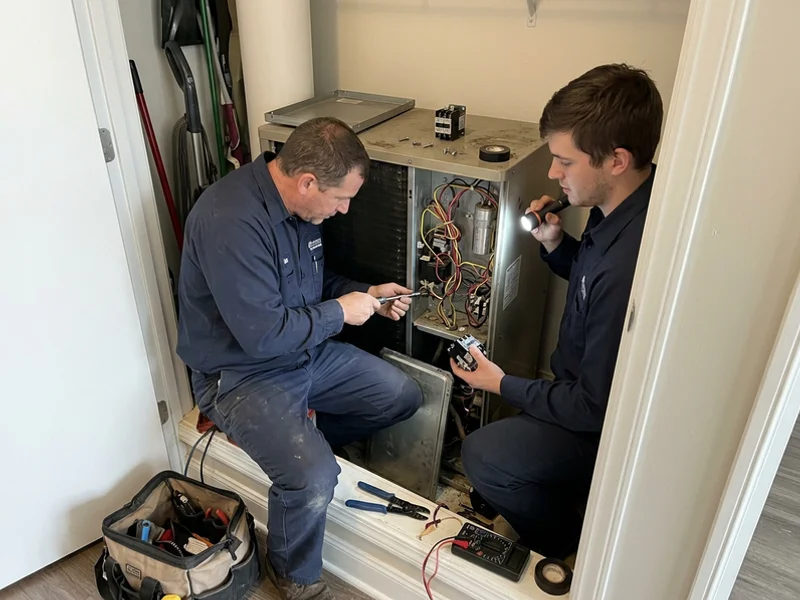 Technicians replacing a compressor contactor in a heat pump control box