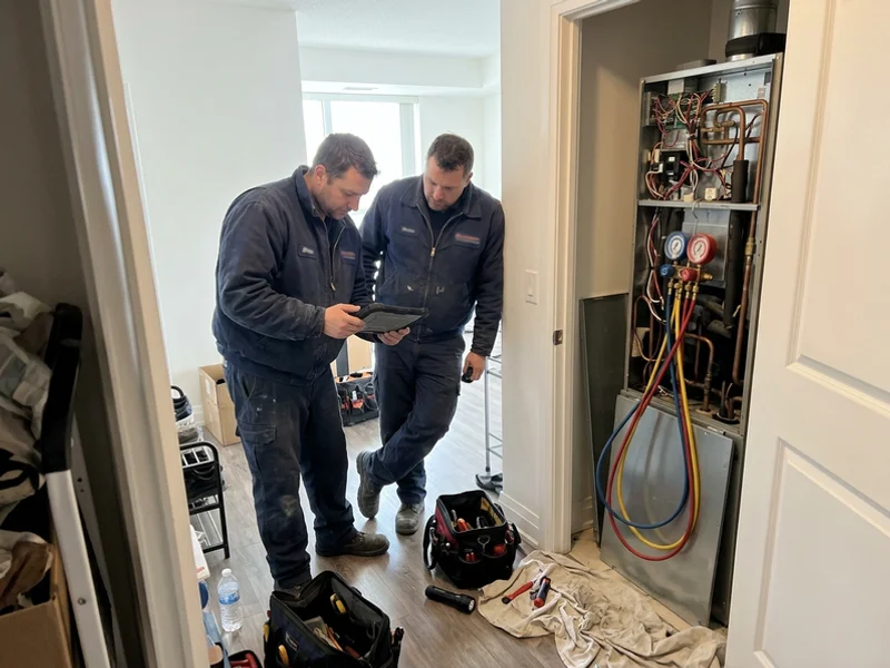 Technicians reviewing gauge readings beside an open heat pump closet
