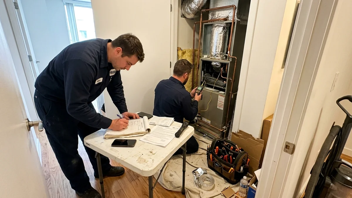 Commissioning logbook and warranty certificates beside a newly installed fan coil
