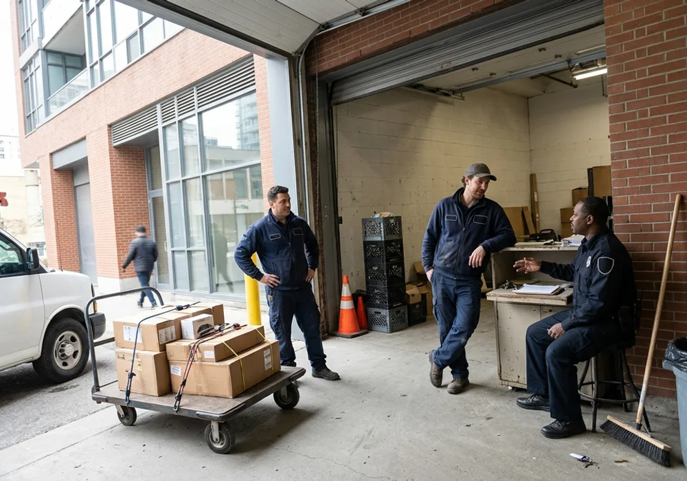 Crew at a King West condo loading dock with fan coil parts