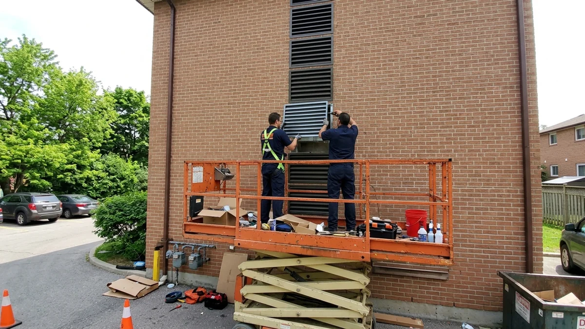 Row of new architectural louvers for Magic-Pak units on a low-rise condo wall