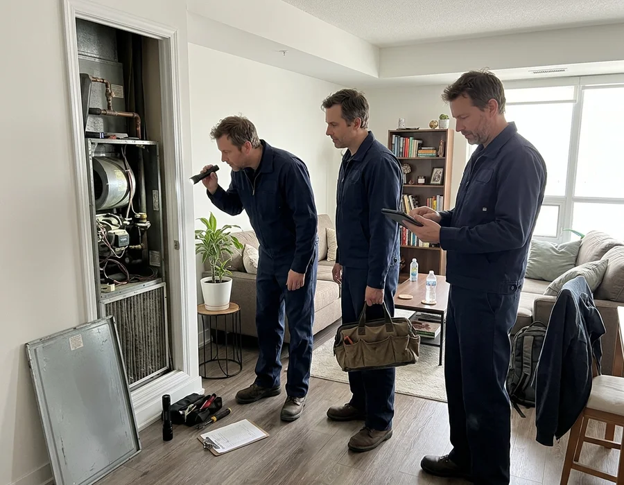 Three technicians from the crew beside an open vertical fan coil closet