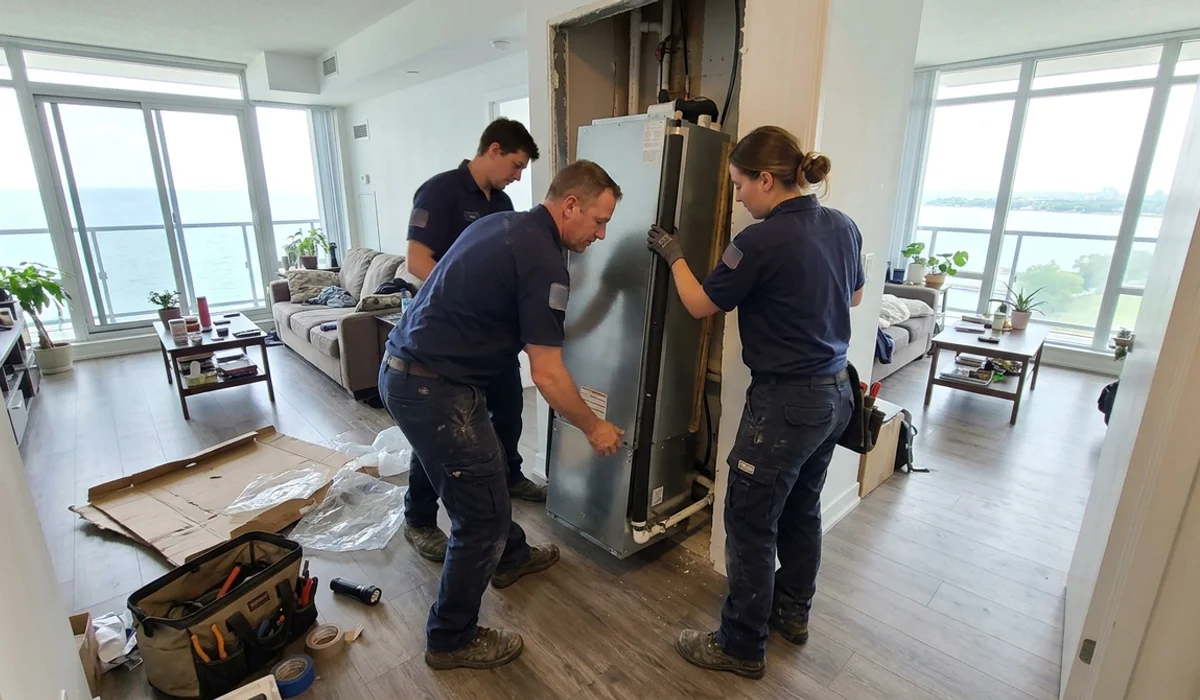 Crew setting a new vertical fan coil cabinet in a Mimico lakefront condo suite