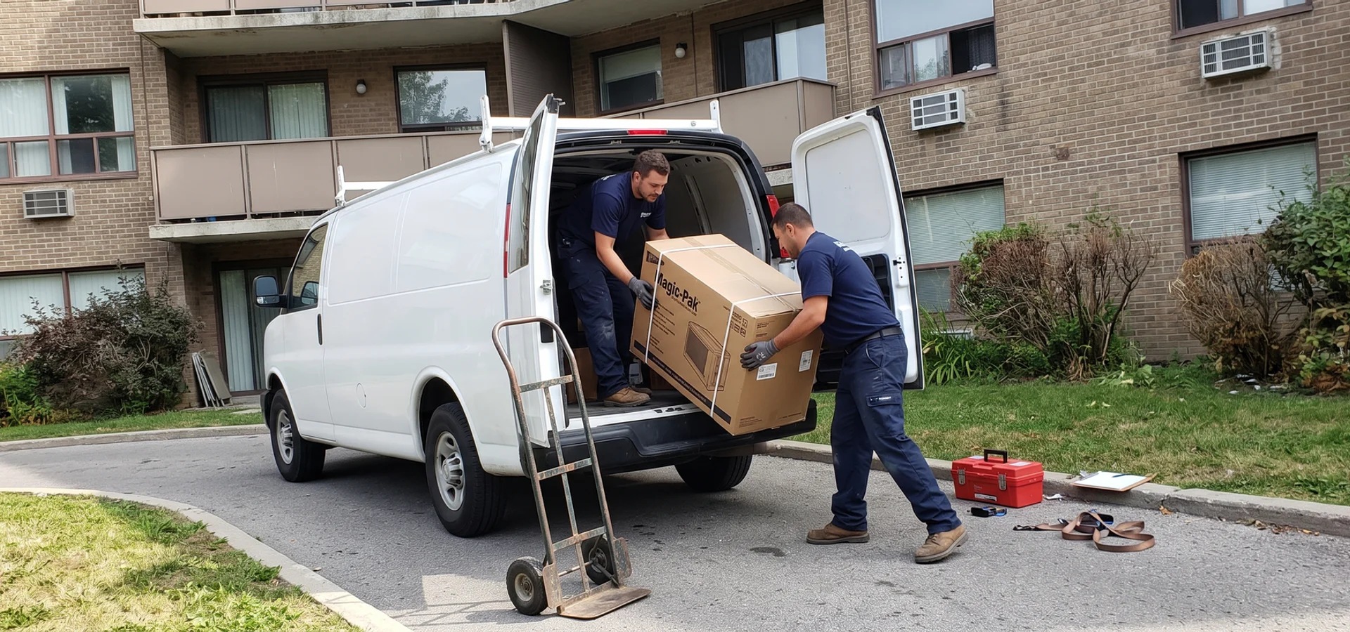 Crew unloading a Magic-Pak unit outside a Scarborough low-rise condo