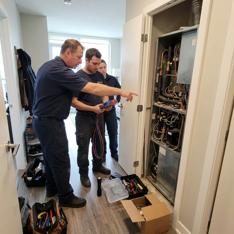 North York operations manager with technicians beside a water-source heat pump closet