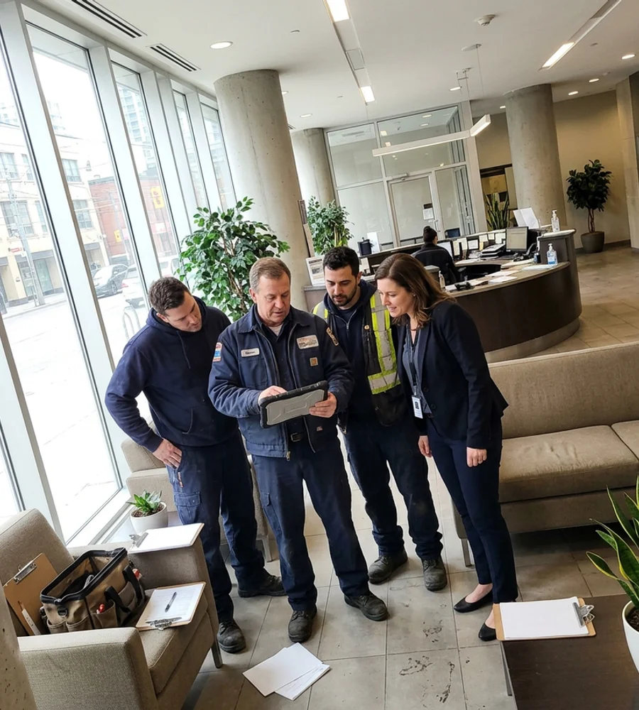 Operations manager and technicians reviewing a written scope with a property manager in a condo lobby