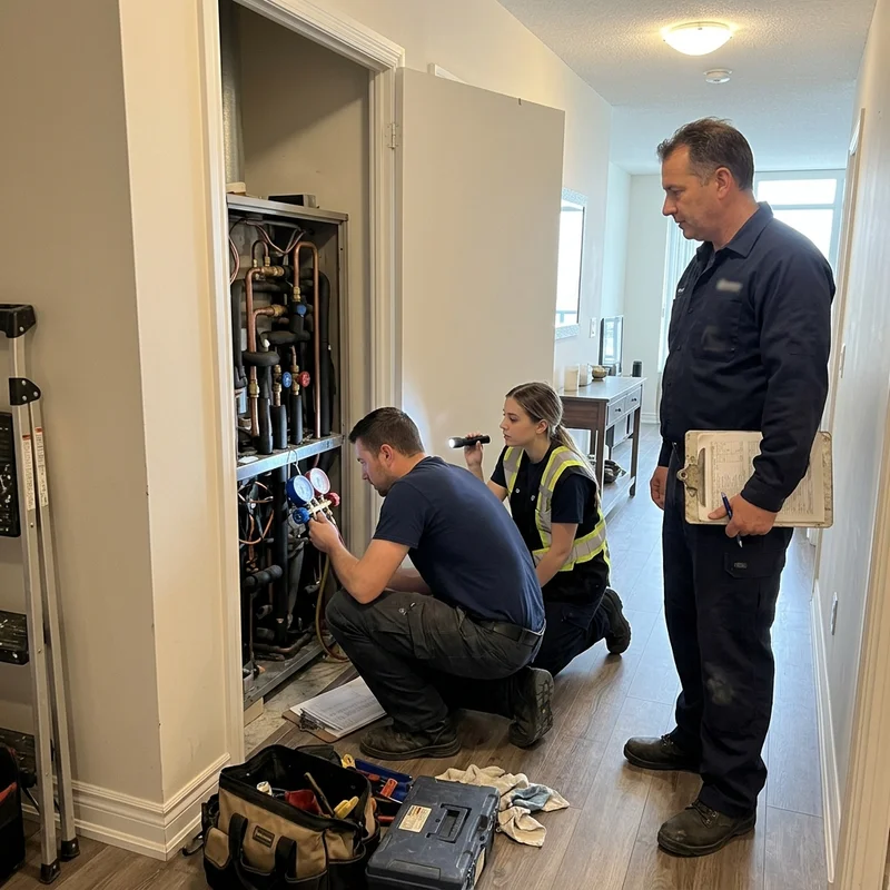 Vaughan operations manager and technicians checking a new heat pump