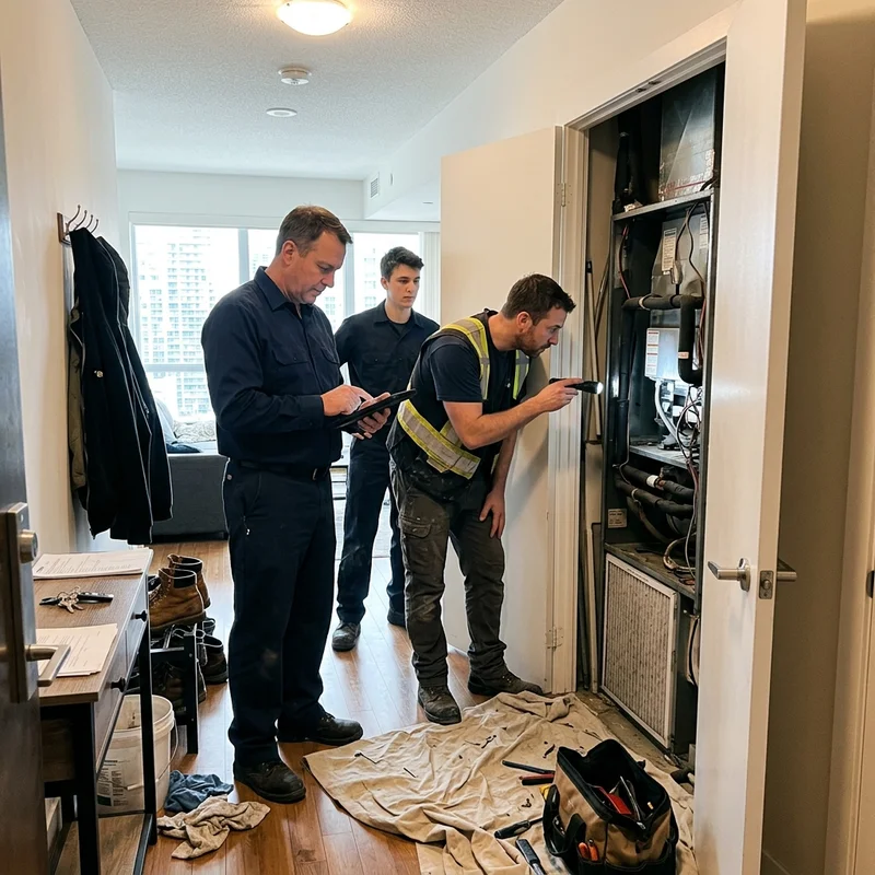 Downtown Toronto operations manager with two technicians beside a vertical fan coil