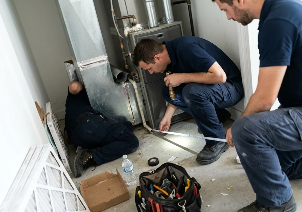 Technician checking a condensate line in a new-build Vaughan condo
