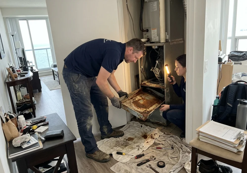 Technicians removing a corroded drain pan in a Mimico condo