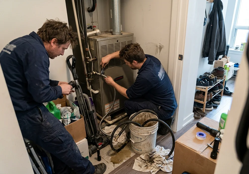 Technicians replacing heat pump hoses with braided stainless in a North York suite