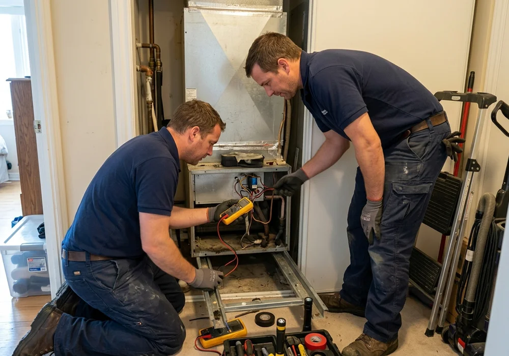 Technicians testing a reversing valve solenoid in a Unionville condo