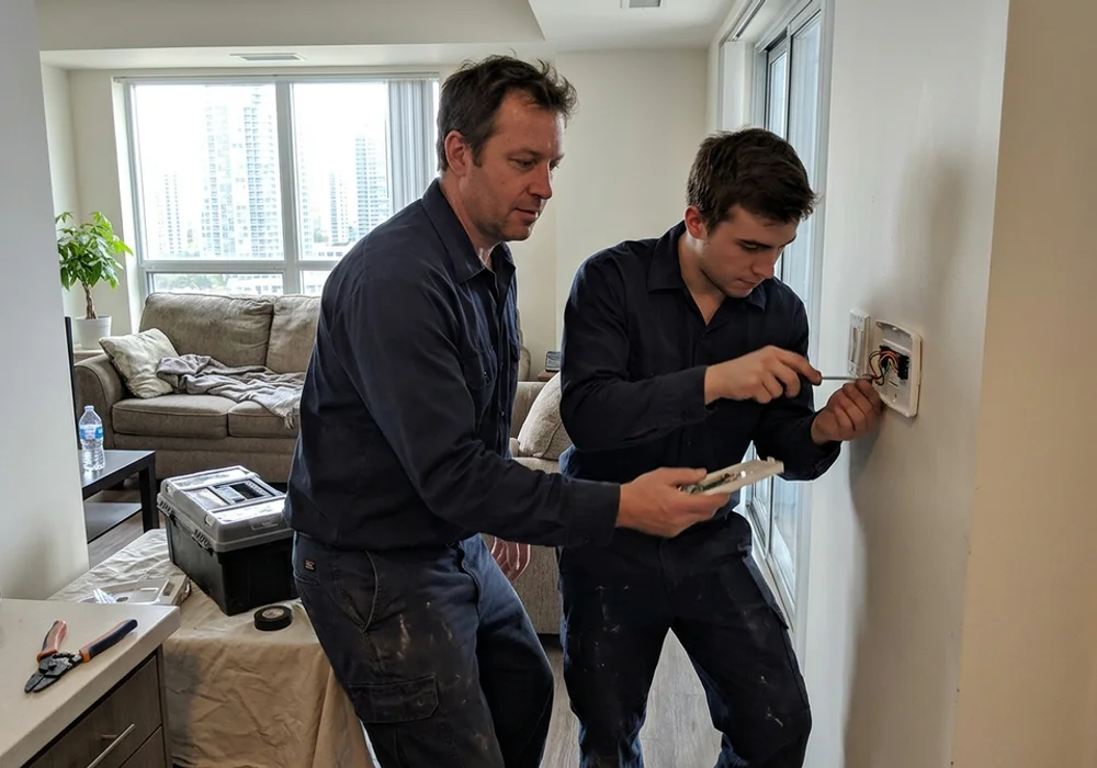 Technicians wiring a new line-voltage thermostat in a Mississauga suite