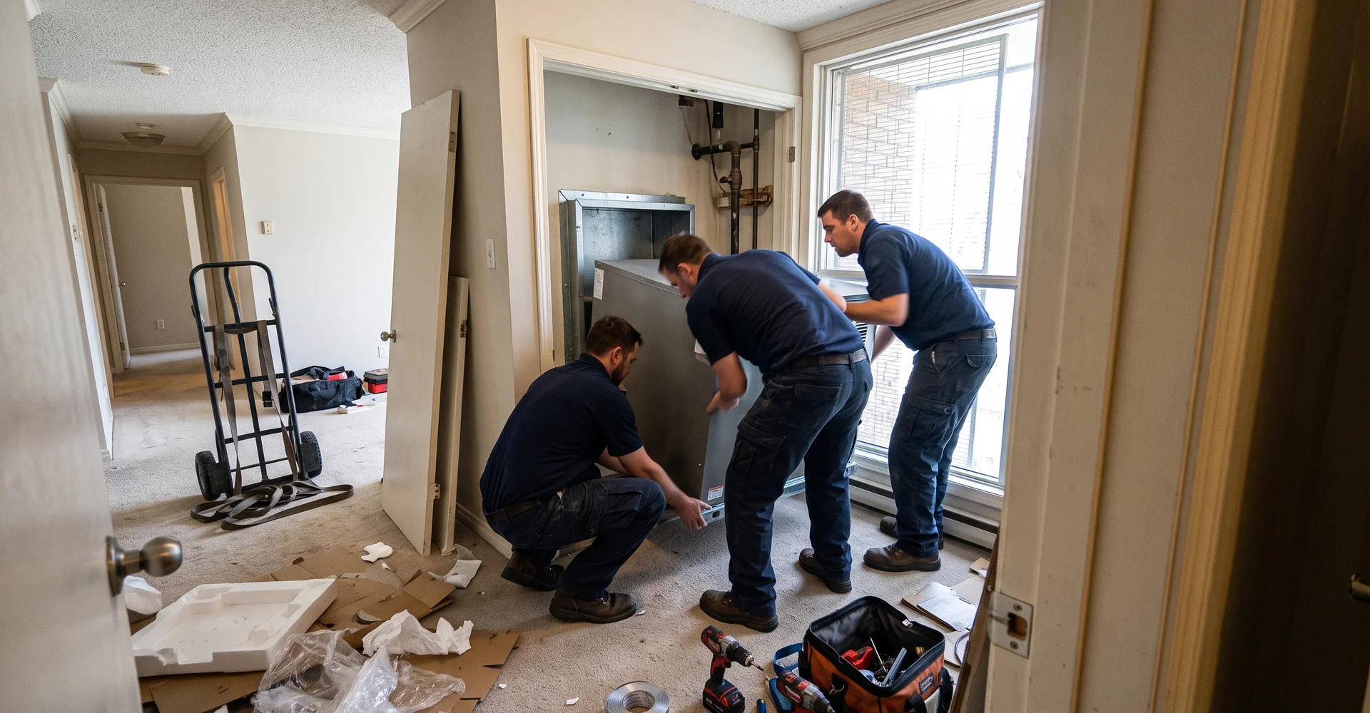 Three technicians sliding a new Magic-Pak unit into a condo mechanical closet