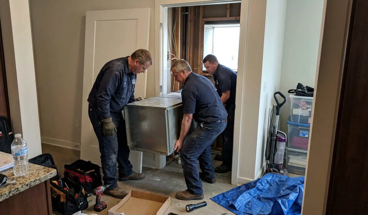 Technicians lifting a new Magic-Pak MGE unit into a closet in an Agincourt low-rise