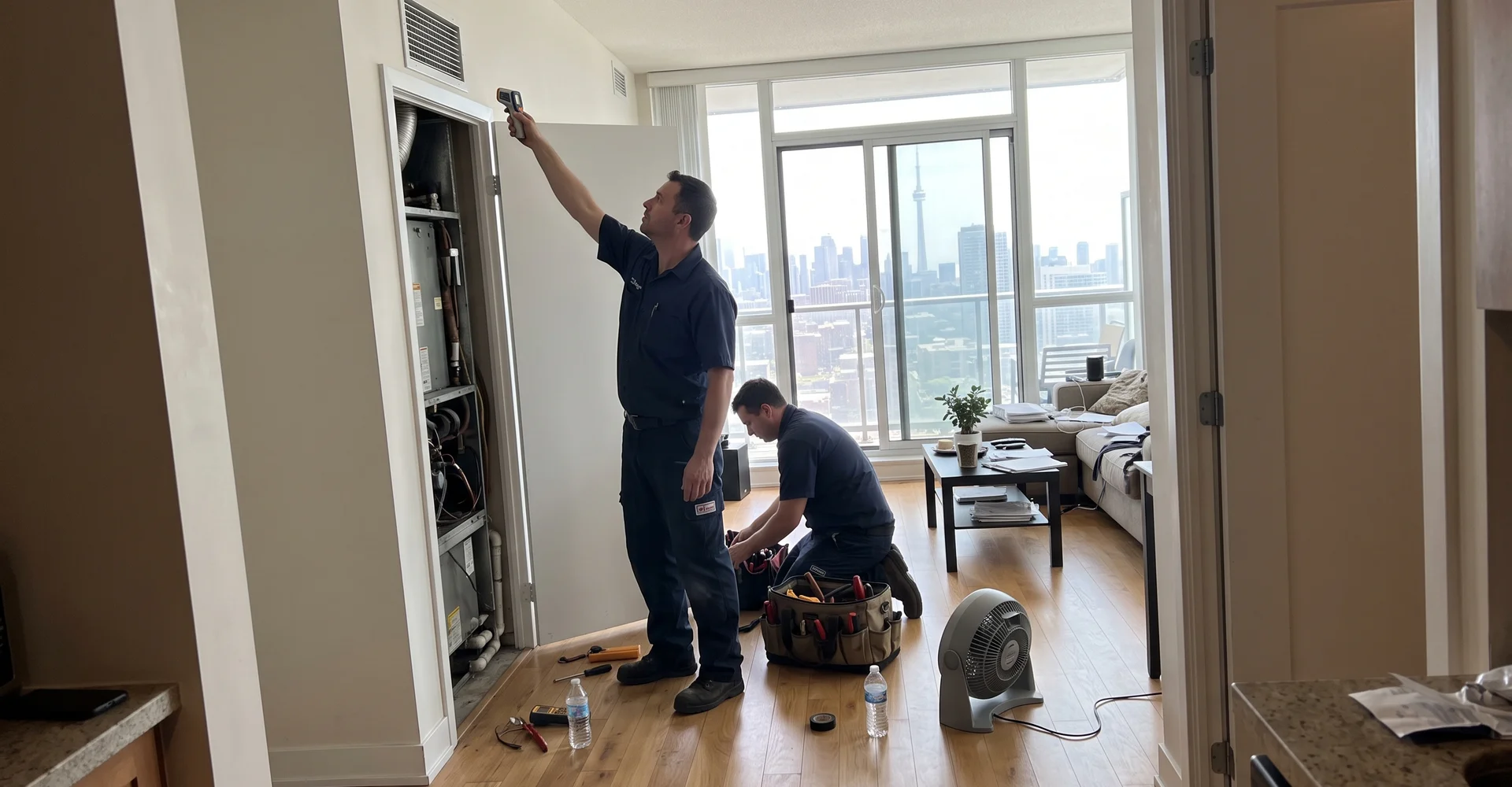Two technicians checking cooling on a fan coil in a glass-wall Toronto condo suite