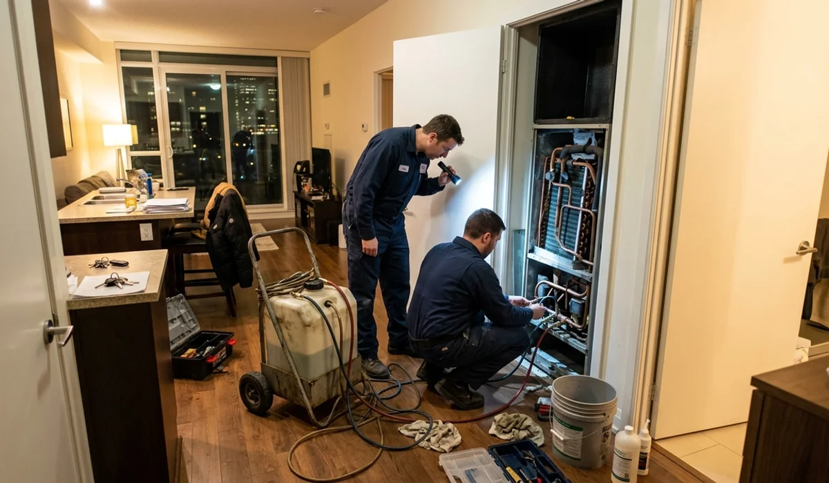 Two technicians descaling an open McQuay vertical fan coil in a Yorkville condo suite