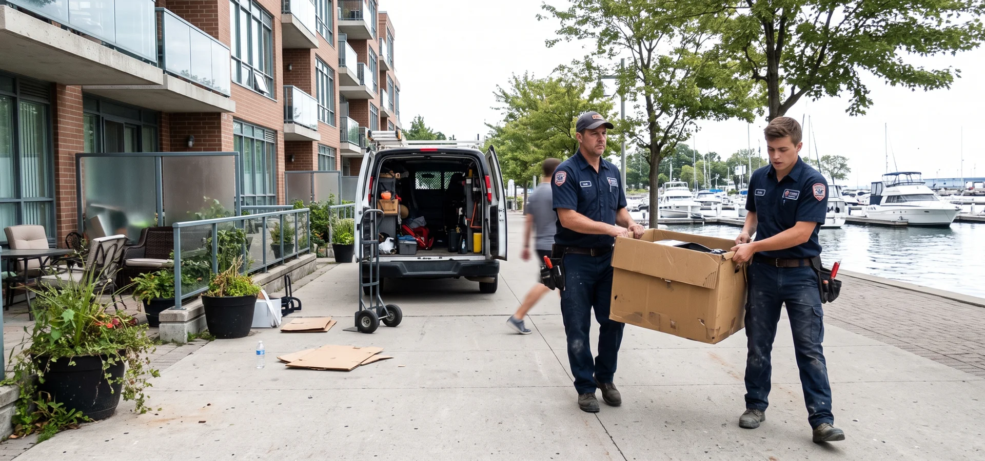 Technicians outside a lakefront Bronte condo in Oakville