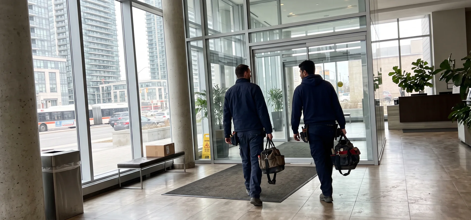 Technicians entering a Square One area condo tower in Mississauga
