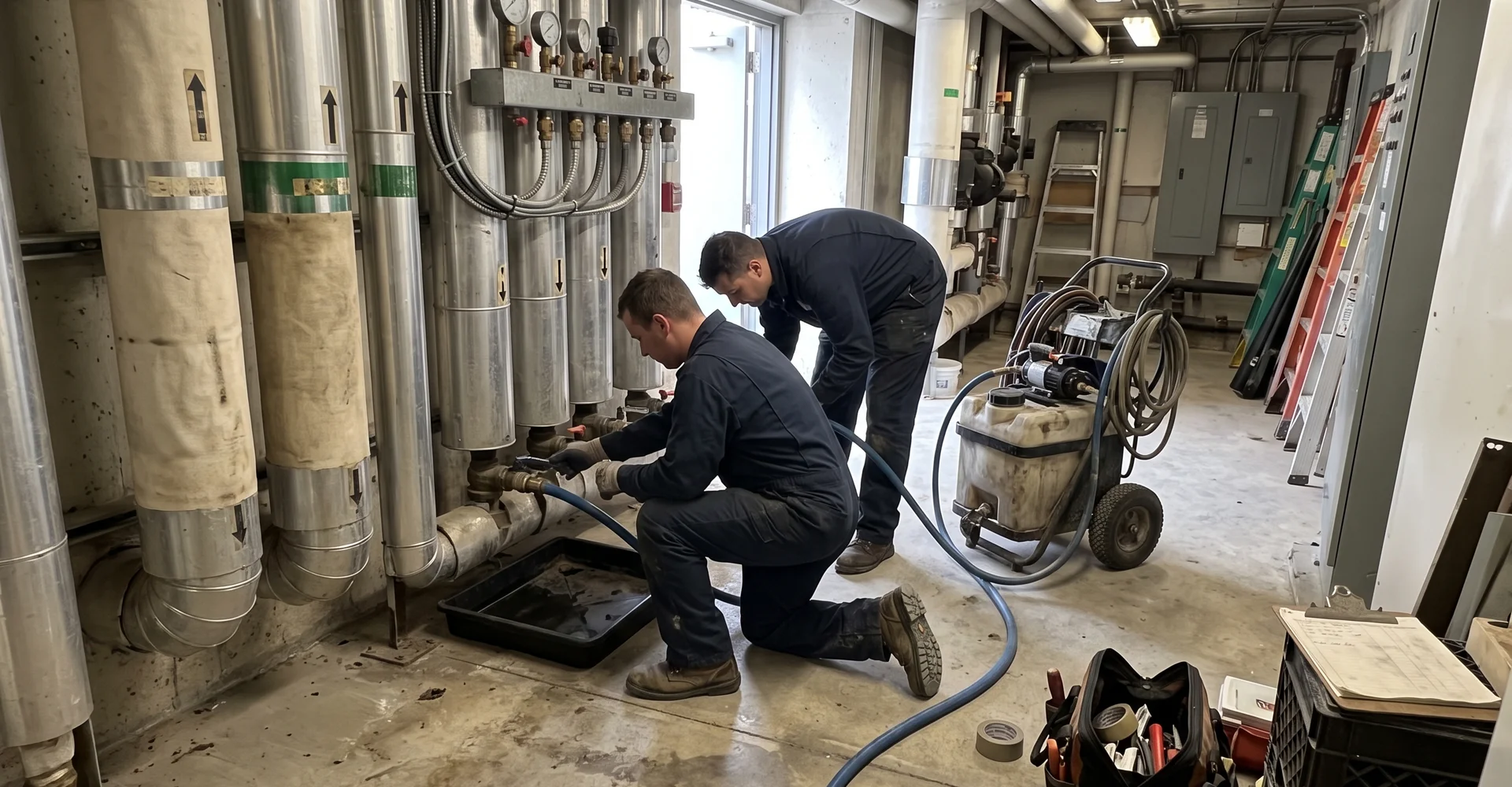 Technicians connecting a flush cart to riser drain valves in a condo mechanical room