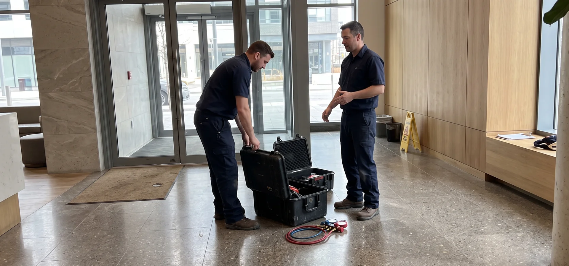 Technicians with commissioning gear in a new VMC condo tower lobby