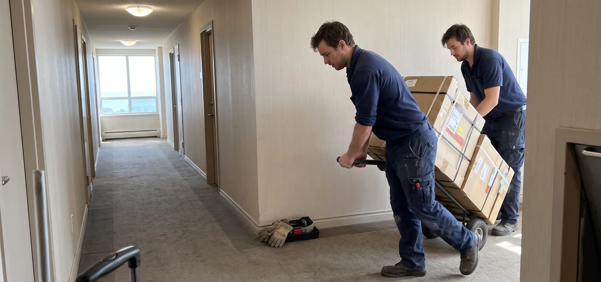 Technicians moving fan coil cabinets in a Humber Bay Shores condo hallway