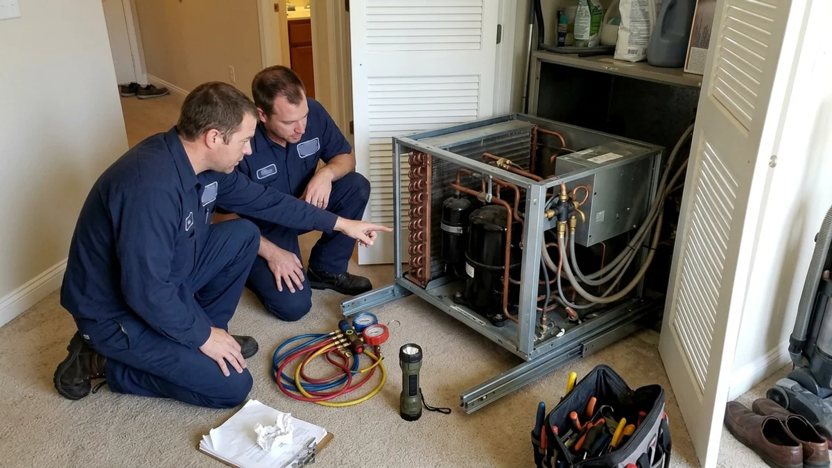 Heat pump chassis on slide-out rails showing the compressor and coaxial heat exchanger